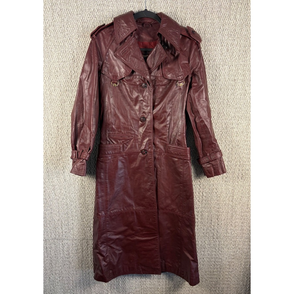 Vintage Etienne Aigner Oxblood Leather Trench Coat Long Belted Jacket Sz 8
